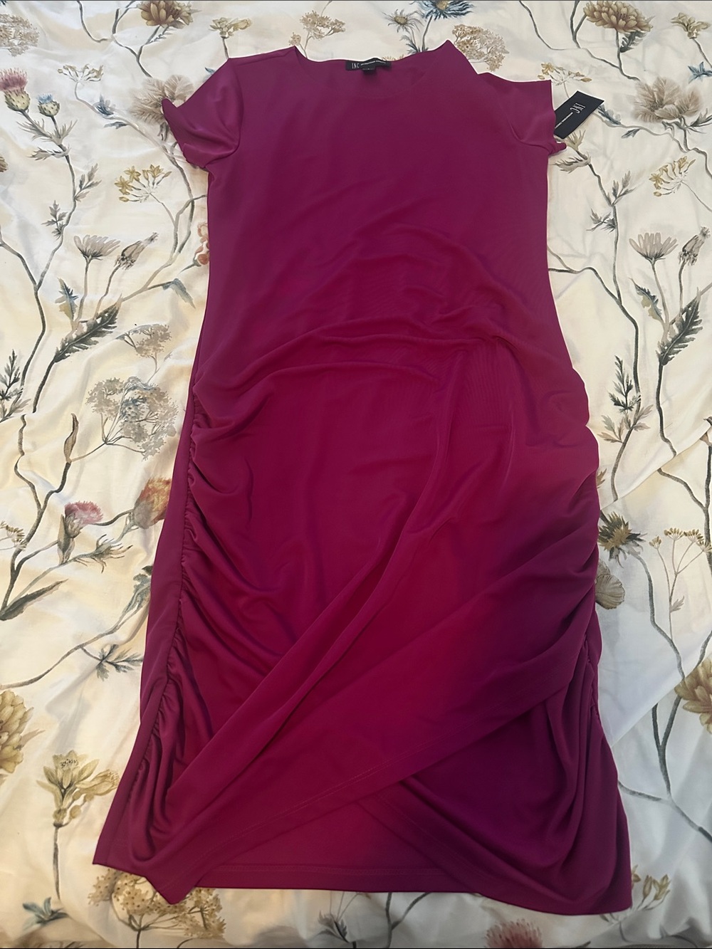 INC International Concepts Ruched Short Sleeve Midi Dress in Fuchsia